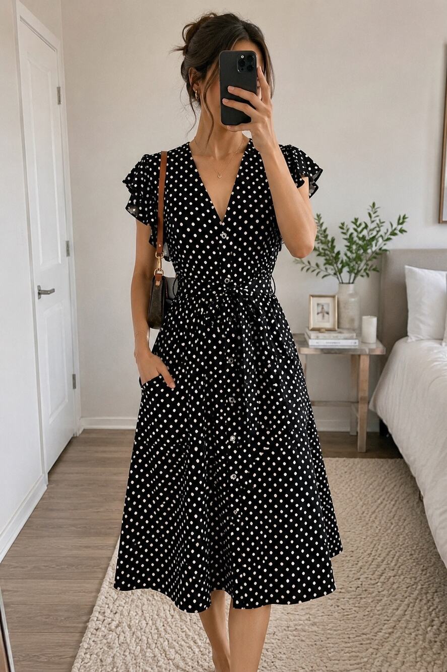Black/White PolkaDot Flutter Sleeve Tie Waist Pocket Midi Dress 7 Retro Coquette